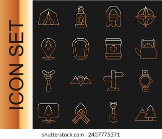 Set line Mountains with tree, Smartwatch, Kettle handle, Rafting boat, Carabiner, Location of the forest, Tourist tent and First aid kit icon. Vector