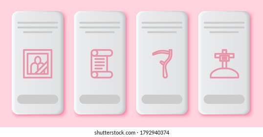 Set line Mourning photo frame, Decree, parchment, scroll, Scythe and Grave with cross. White rectangle button. Vector
