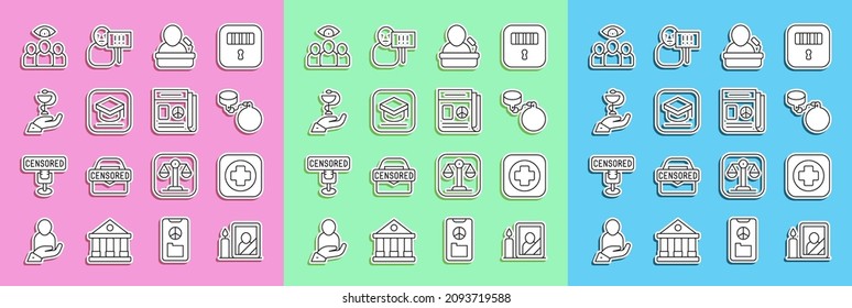 Set line Mourning photo frame, Hospital signboard, Ball on chain, Speaker, Graduation cap, Caduceus snake medical, Spy, agent and News icon. Vector