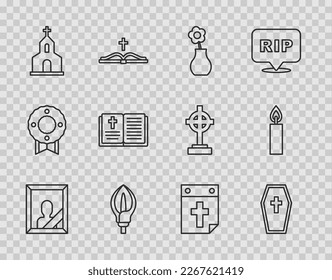 Set line Mourning photo frame, Coffin with cross, Flower vase, Lily flower, Church building, Holy bible book, Calendar death and Burning candle icon. Vector