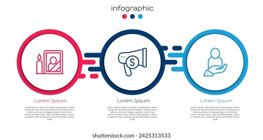 Set line Mourning photo frame, Megaphone and dollar and Life insurance hand. Business infographic template. Vector