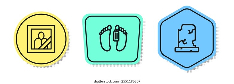 Set line Mourning photo frame, Dead body and Old grave with tombstone. Colored shapes. Vector