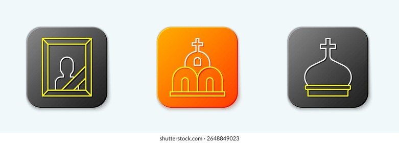 Set line Mourning photo frame, Church building and tower icon. Vector