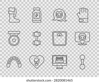 Set line Mouth guard boxer, Dumbbell, Boxing helmet, glove, Sport boxing shoes, ring and  icon. Vector