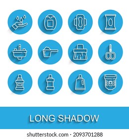 Set line Mouthwash bottle, Bottle for cleaning agent, Washing hands with soap, Epilator, powder, Nail scissors and Handle broom icon. Vector