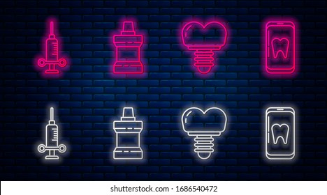 Ponga en línea el frasco de plástico de Mouthwash, implante dental, jeringa médica dental y atención odontológica en línea. Icono de neón brillante en la pared de ladrillo. Vector