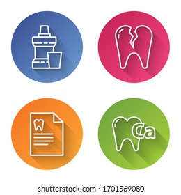 Set line Mouthwash plastic bottle, Broken tooth, Clipboard with dental card and Calcium for tooth. Color circle button. Vector