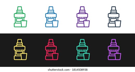 Set line Mouthwash plastic bottle and glass icon isolated on black and white background. Liquid for rinsing mouth. Oralcare equipment. Vector.