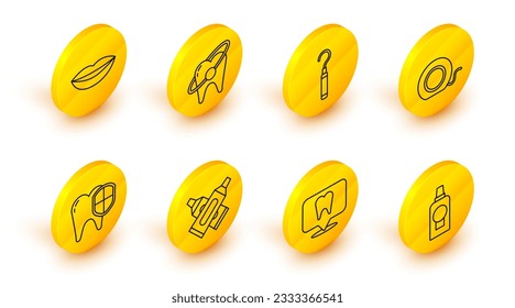 Set line Mouthwash plastic bottle, Dental clinic location, Crossed tube of toothpaste, protection, floss, explorer scaler for teeth, Tooth whitening concept and Smiling lips icon. Vector