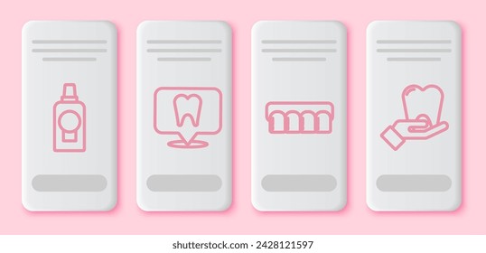 Set line Mouthwash plastic bottle, Dental clinic location, Dentures model and Tooth. White rectangle button. Vector
