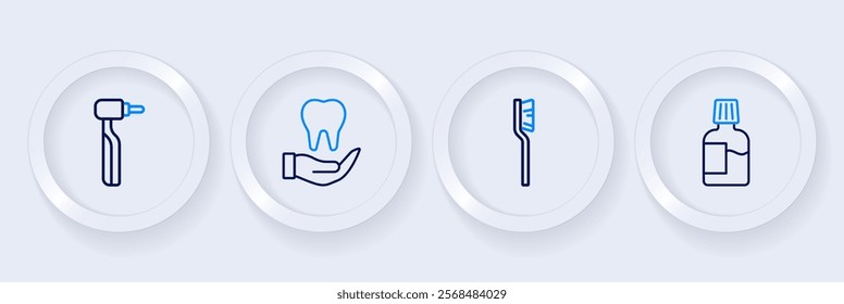 Set line Mouthwash, Toothbrush,  and drill icon. Vector