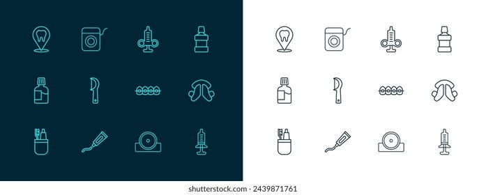 Set line Mouthwash, Tube of toothpaste, Teeth with braces, Otolaryngological head reflector, Dental floss, Syringe, clinic location and  icon. Vector