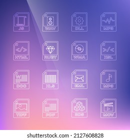 Set line MOV file document, MP3, XSL, DLL, RUBY, HTML, JS and WMA icon. Vector