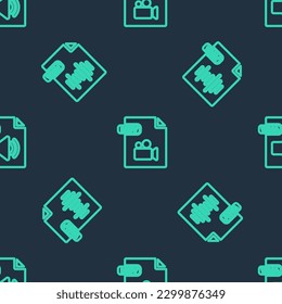 Set line MOV file document, WAV and WMA on seamless pattern. Vector