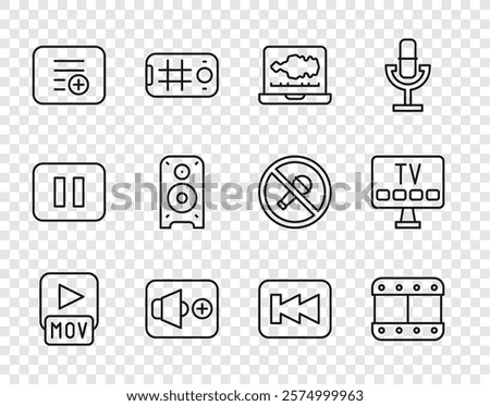 Set line MOV file, Play video, Sound or audio recorder, Speaker volume, Add to playlist, Stereo speaker, Rewind button and Smart Tv icon. Vector