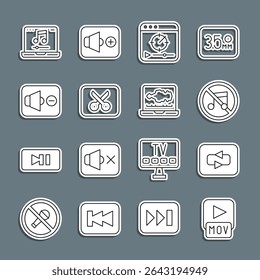 Set line MOV file, Repeat button, Speaker mute, Online play video, Music or editing, Laptop with music and Sound audio recorder icon. Vector