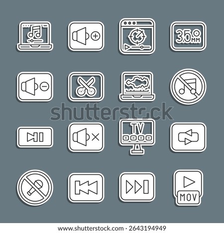 Set line MOV file, Repeat button, Speaker mute, Online play video, Music or editing, Laptop with music and Sound audio recorder icon. Vector