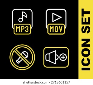 Zeile MOV-Datei, Lautsprecherlautstärke, Stummmikrofon und MP3-Symbol einstellen. Vektorgrafik