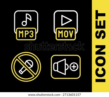 Set line MOV file, Speaker volume, Mute microphone and MP3 icon. Vector