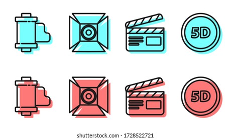 Fijar línea Cinta de película, Cartucho de rollo de película vintage de cámara, Luz de foco de película e icono de realidad virtual 5d. Vector