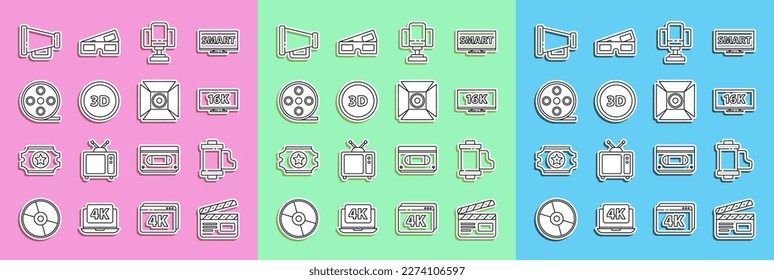 Set line Movie clapper, Camera vintage film roll cartridge, Screen tv with 16k, Director movie chair, 3D word, Film reel, Megaphone and spotlight icon. Vector