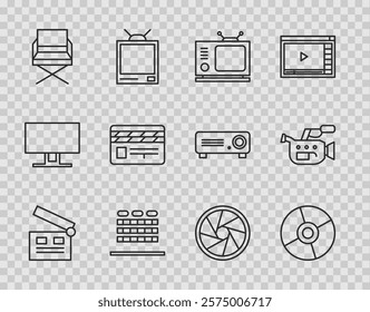 Set line Movie clapper, CD or DVD disk, Retro tv, Cinema auditorium with seats, Director movie chair, Camera shutter and camera icon. Vector