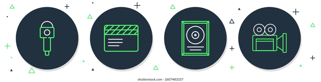 Set line Movie clapper, CD disk award in frame, Microphone and Cinema camera icon. Vector
