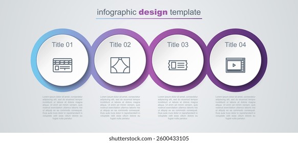Set line Movie clapper, Curtain, Cinema ticket and Online play video. Business infographic template. Vector