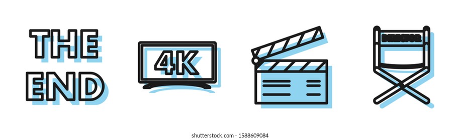 Set line Movie clapper , The End handwritten inscription , Screen tv with 4k Ultra HD video technology  and Director movie chair  icon. Vector