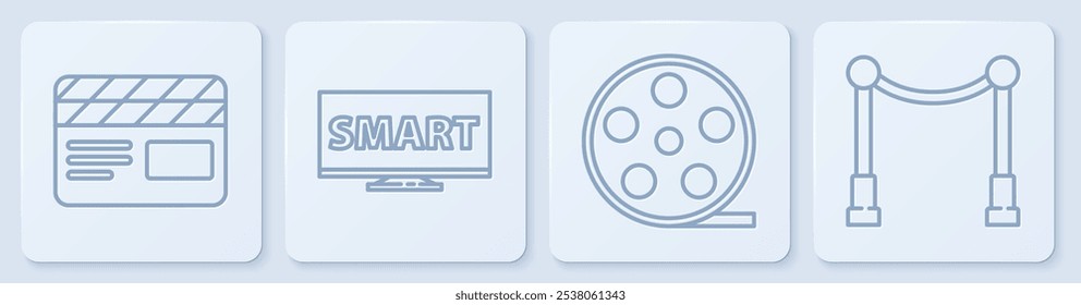 Set line Movie clapper, Film reel, Screen tv with Smart video and Carpet with barriers. White square button. Vector