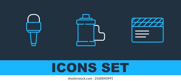 Set line Movie clapper, Microphone and Camera film roll cartridge icon. Vector