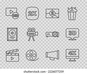 Set Line Movie Clapper, Screen Tv With 4k, Old Film Movie Countdown Frame, Film Reel, Hd Movie, Tape,, Retro Cinema Camera, Megaphone And 3D Word Icon. Vector