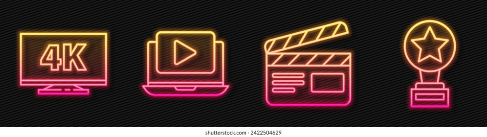 Set line Movie clapper, Screen tv with 4k, Online play video and Movie trophy. Glowing neon icon. Vector