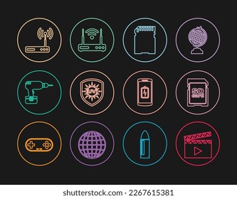 Fijar línea Cinta de películas, Tarjeta SD, Protección UV, Máquina de perforación, Enrutador y wi-fi, Carga de batería de Smartphone e icono. Vector