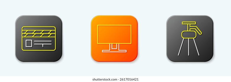 Set line Movie clapper, Smart Tv and Tripod icon. Vector