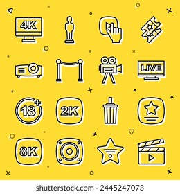 Set line Movie clapper, Walk of fame star, Live stream, Online play video, Rope barrier, Movie, film, media projector, Screen tv with 4k and Retro cinema camera icon. Vector svg