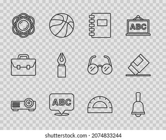 Set line Movie, film, media projector, Ringing bell, Spiral notebook, Alphabet, Atom, Fountain pen nib, Protractor grid and Eraser rubber icon. Vector