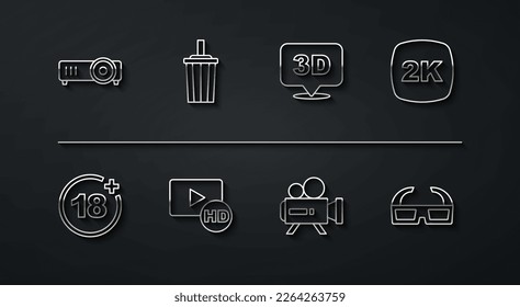 Set line Movie, film, media projector, Plus 18 movie, 2k Ultra HD, Retro cinema camera, Hd tape, frame, Paper glass with water, 3D glasses and word icon. Vector