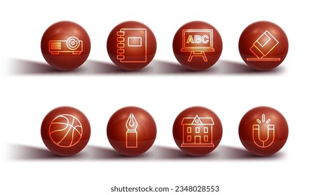 Set line Movie, film, media projector, Basketball ball, Eraser rubber, School building, Fountain pen nib, Spiral notebook, Magnet and Chalkboard icon. Vector