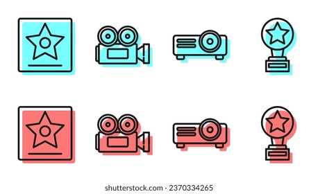 Set line Movie, film, media projector, Hollywood walk of fame star, Cinema camera and Movie trophy icon. Vector svg