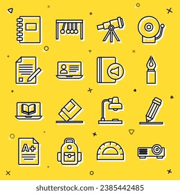 Set line Movie, film, media projector, Pencil with eraser, Fountain pen nib, Telescope, Online class, Exam sheet and pencil, Spiral notebook and Audio icon. Vector