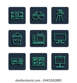 Set line Movie, film, media projector, Online play video, Projection screen, Tripod, Retro tv, Popcorn box, Stacks paper money cash and Smart Tv icon. Vector