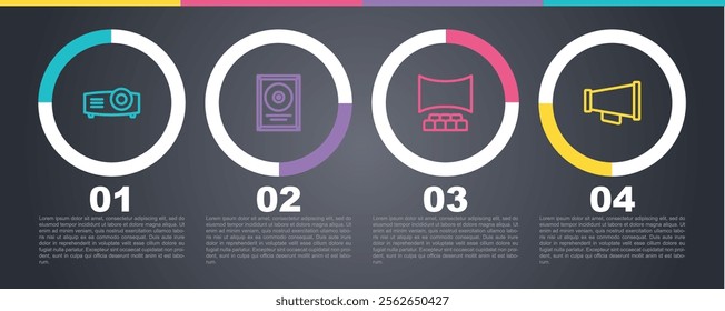 Set line Movie, film, media projector, CD disk award in frame, Cinema auditorium with screen and Megaphone. Business infographic template. Vector