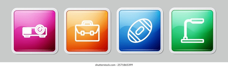 Set line Movie, film, media projector, Briefcase, American Football ball and Table lamp. Colorful square button. Vector