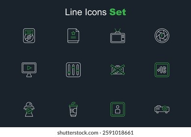 Set line Movie, film, media projector, Play Video, Paper glass with water, Science fiction, Plus 16 movie, Prohibition no video recording, Sound mixer controller and Online play icon. Vector