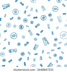 Set line Movie, film, media projector, Office stapler and CD DVD disk on seamless pattern. Vector