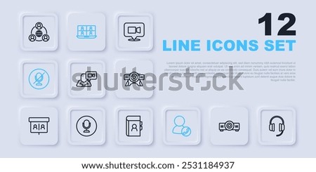 Set line Movie, film, media projector, Headphones, Video chat conference, Mute microphone, Microphone,  and Phone book icon. Vector