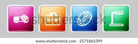 Set line Movie, film, media projector, Briefcase, American Football ball and Table lamp. Colorful square button. Vector