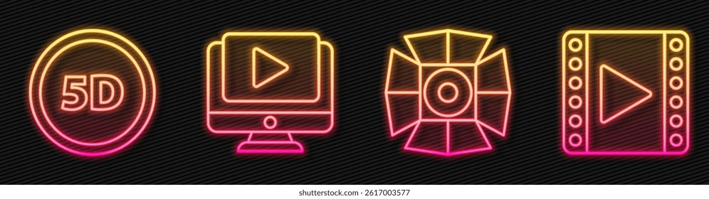 Set line Movie spotlight, 5d virtual reality, Online play video and Play Video. Glowing neon icon. Vector