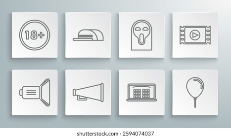 Set line Movie spotlight, Cap with inscription director, Megaphone, Buy cinema ticket online, Balloon ribbon, Funny and scary ghost mask, Play Video and Under 18 years icon. Vector